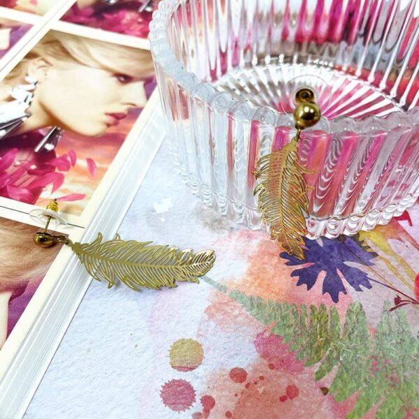 Laser Cut Feather Earrings in Gold - Image 2