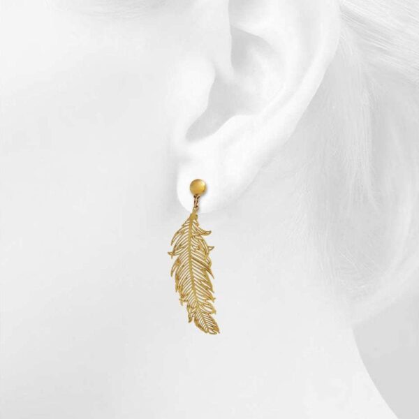 Laser Cut Feather Earrings in Gold - Image 3