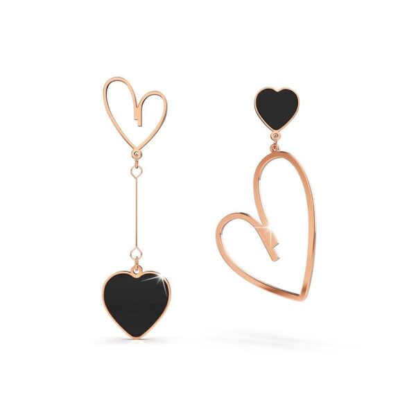 Open-Hearted Black Onyx Inlaid Asymmetrical Earrings Rose Gold Layered