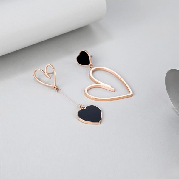 Open-Hearted Black Onyx Inlaid Asymmetrical Earrings Rose Gold Layered - Image 4