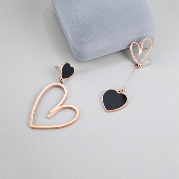 Open-Hearted Black Onyx Inlaid Asymmetrical Earrings Rose Gold Layered - Image 5