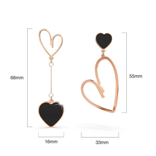 Open-Hearted Black Onyx Inlaid Asymmetrical Earrings Rose Gold Layered - Image 7