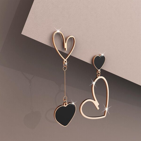 Open-Hearted Black Onyx Inlaid Asymmetrical Earrings Rose Gold Layered - Image 2