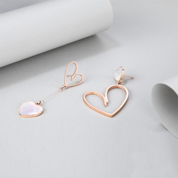 Open-Hearted MOP Shell Inlaid Asymmetrical Earrings Rose Gold Layered - Image 4