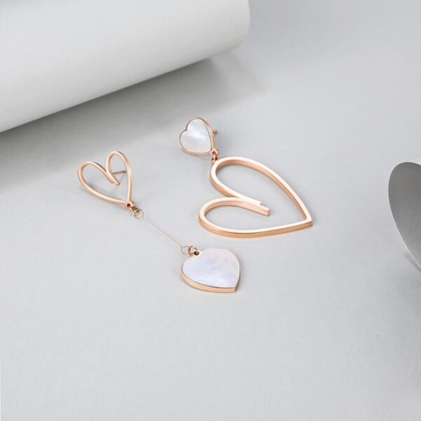 Open-Hearted MOP Shell Inlaid Asymmetrical Earrings Rose Gold Layered - Image 5