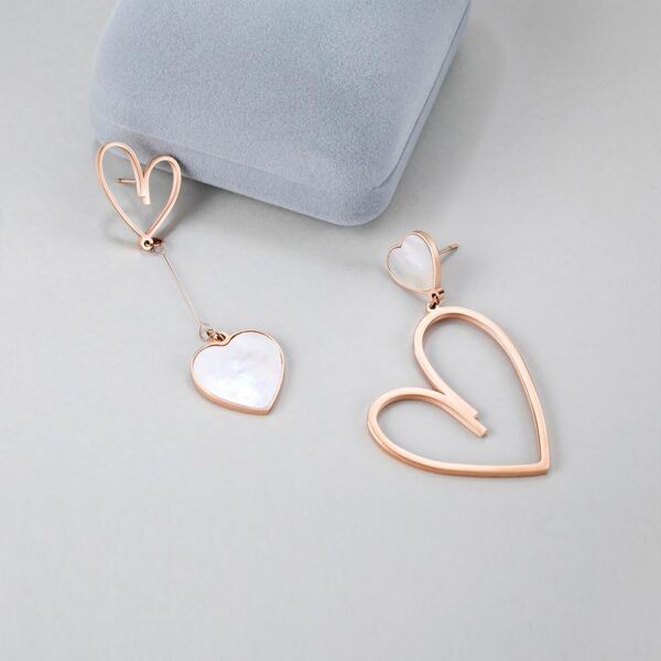 Open-Hearted MOP Shell Inlaid Asymmetrical Earrings Rose Gold Layered - Image 6