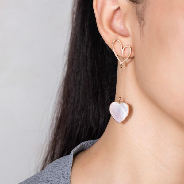 Open-Hearted MOP Shell Inlaid Asymmetrical Earrings Rose Gold Layered - Image 7
