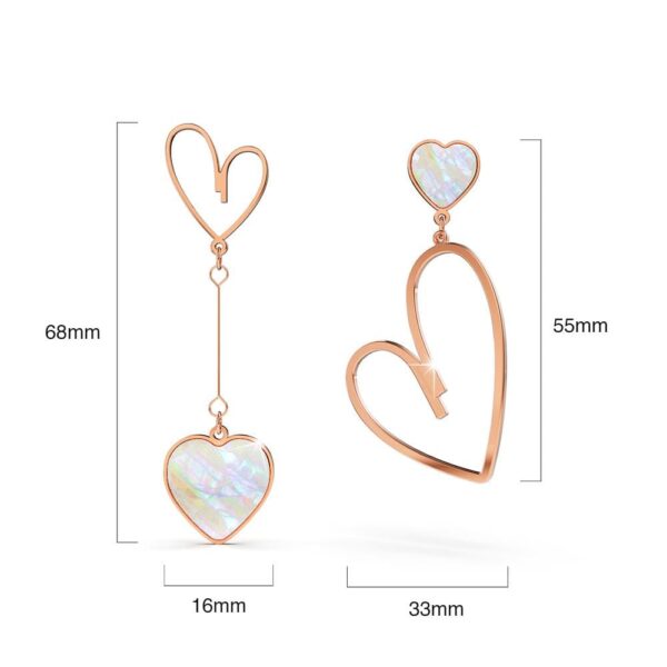 Open-Hearted MOP Shell Inlaid Asymmetrical Earrings Rose Gold Layered - Image 8