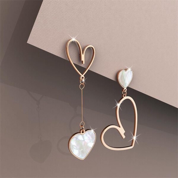 Open-Hearted MOP Shell Inlaid Asymmetrical Earrings Rose Gold Layered - Image 3