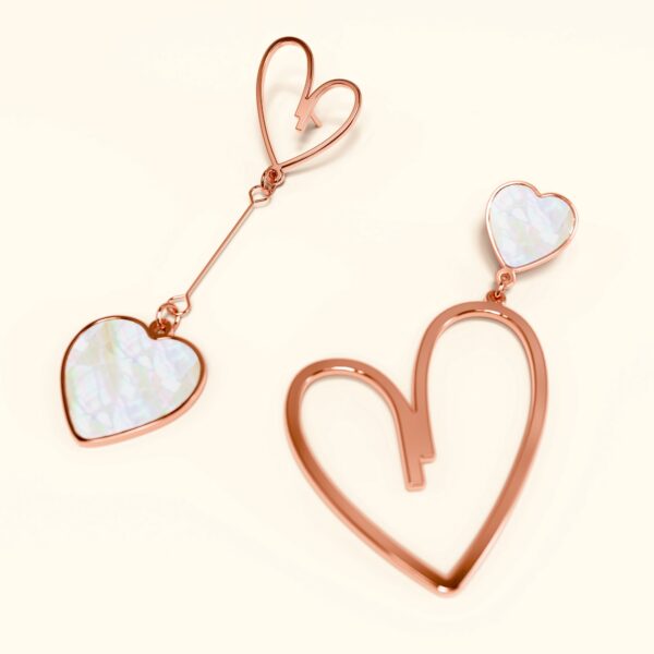 Open-Hearted MOP Shell Inlaid Asymmetrical Earrings Rose Gold Layered - Image 2