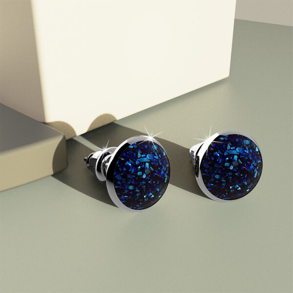 Amalgam White Gold Layered Blue Stone Stud Earrings 15mm - Image 3