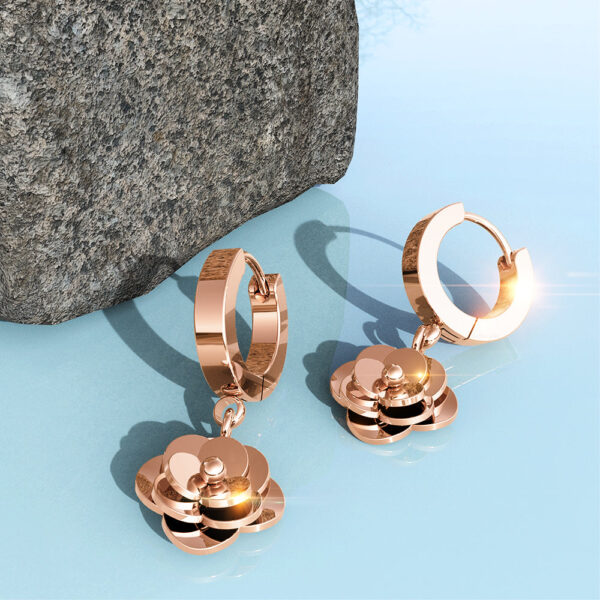Dainty Rose Layered in Rose Gold Stainless Steel Drop Earrings - Image 3