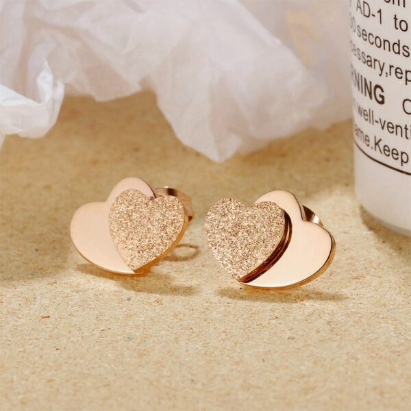 Glittery Heart Stud Rose Gold Layered Earrings - Image 2