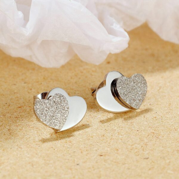 Glittery Heart Stud White Gold Layered Earrings - Image 2