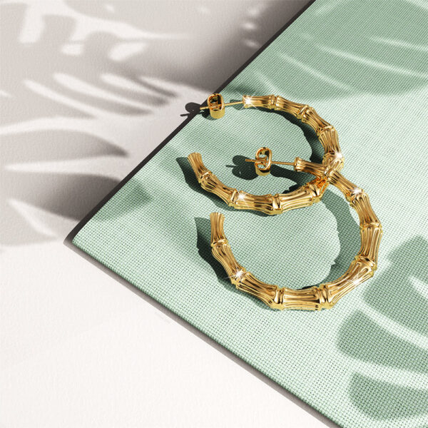 Bamboo Connector Hoop Gold Layered Earrings - Image 3