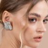 Ridged Square White Gold layered Stud Earrings - Image 3