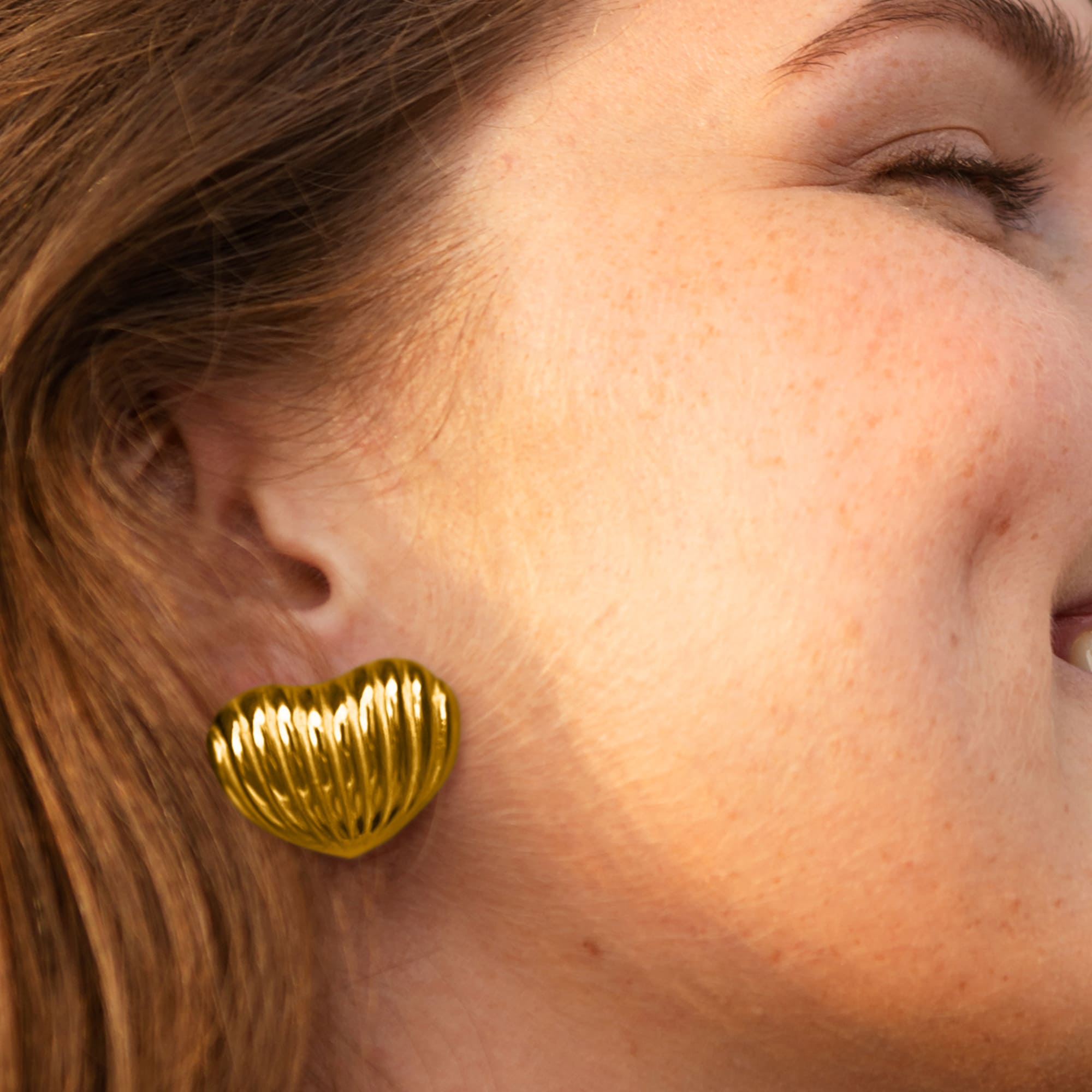 Ridged Heart Gold layered Stud Earrings - Image 6