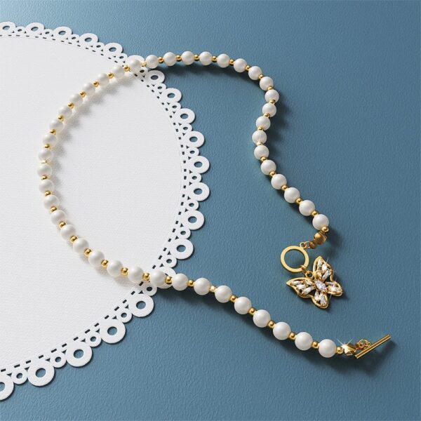 Pearl Butterfly Toggle Closure Choker Necklace in Gold - Image 6