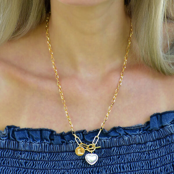 Dangling Pearl Heart Toggle Closure Necklace in Gold - Image 4