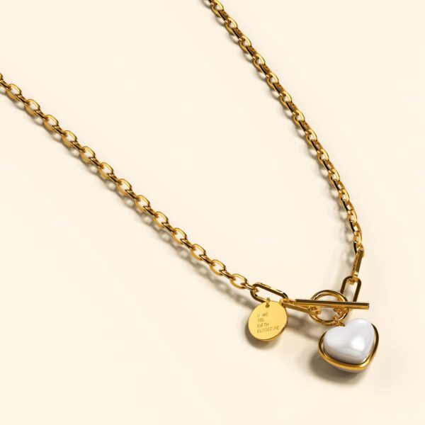Dangling Pearl Heart Toggle Closure Necklace in Gold - Image 2