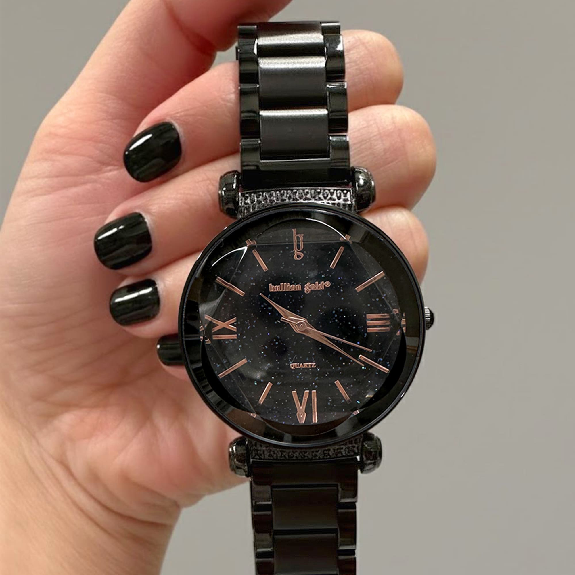 Bullion Gold Romish Watch Embellished with Glittering Crystals - Black and Rose Gold - Image 4