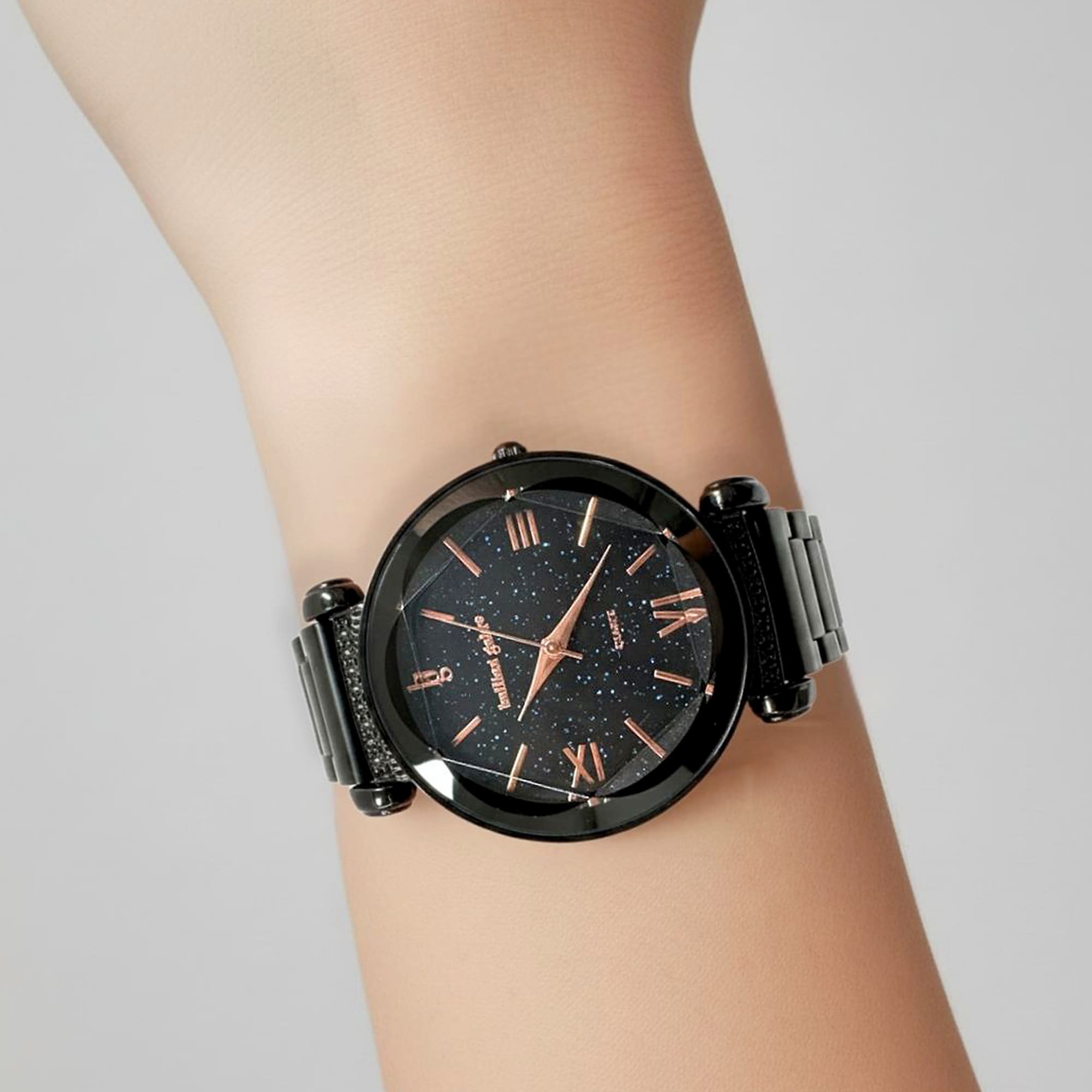 Bullion Gold Romish Watch Embellished with Glittering Crystals - Black and Rose Gold - Image 5