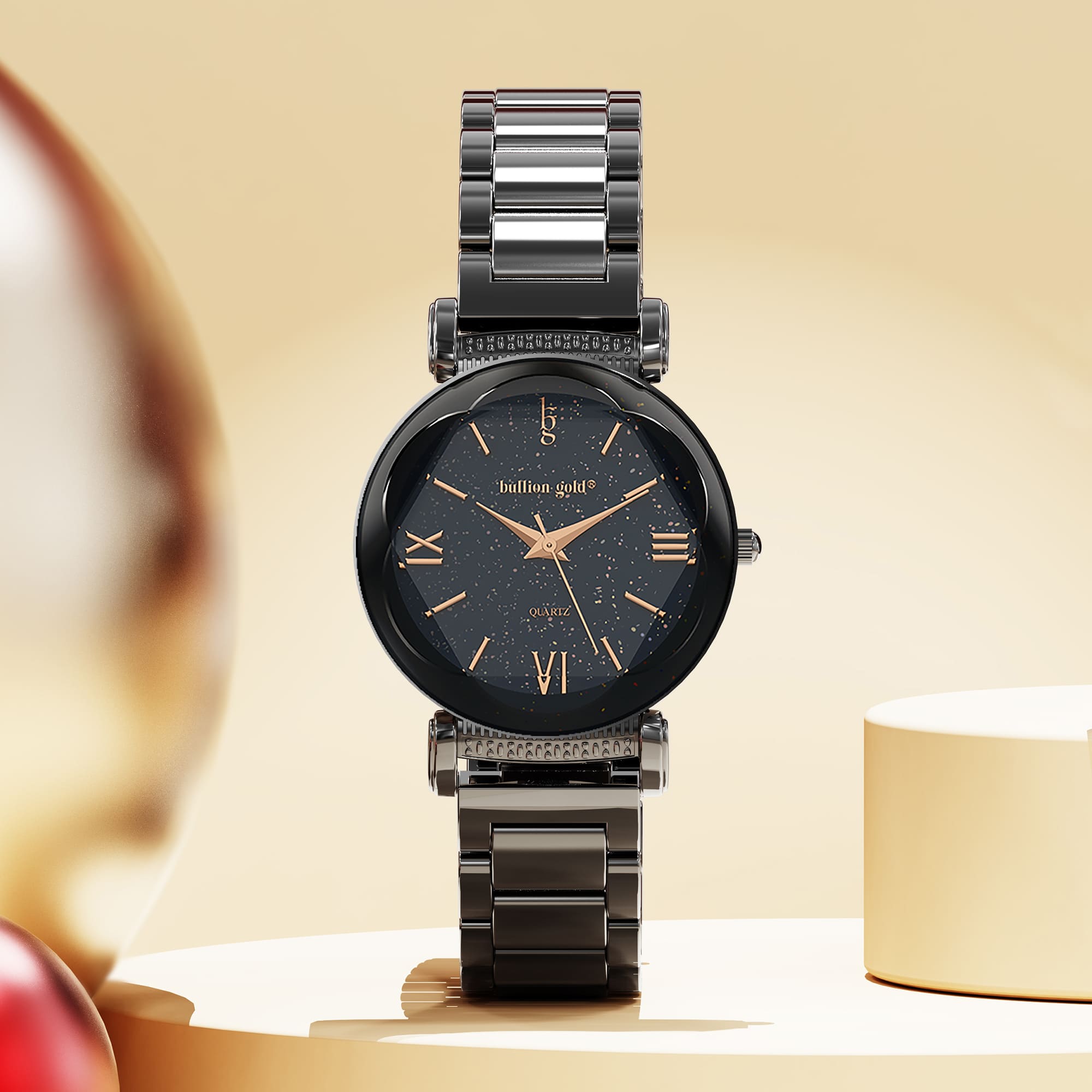 Bullion Gold Romish Watch Embellished with Glittering Crystals - Black and Rose Gold - Image 2