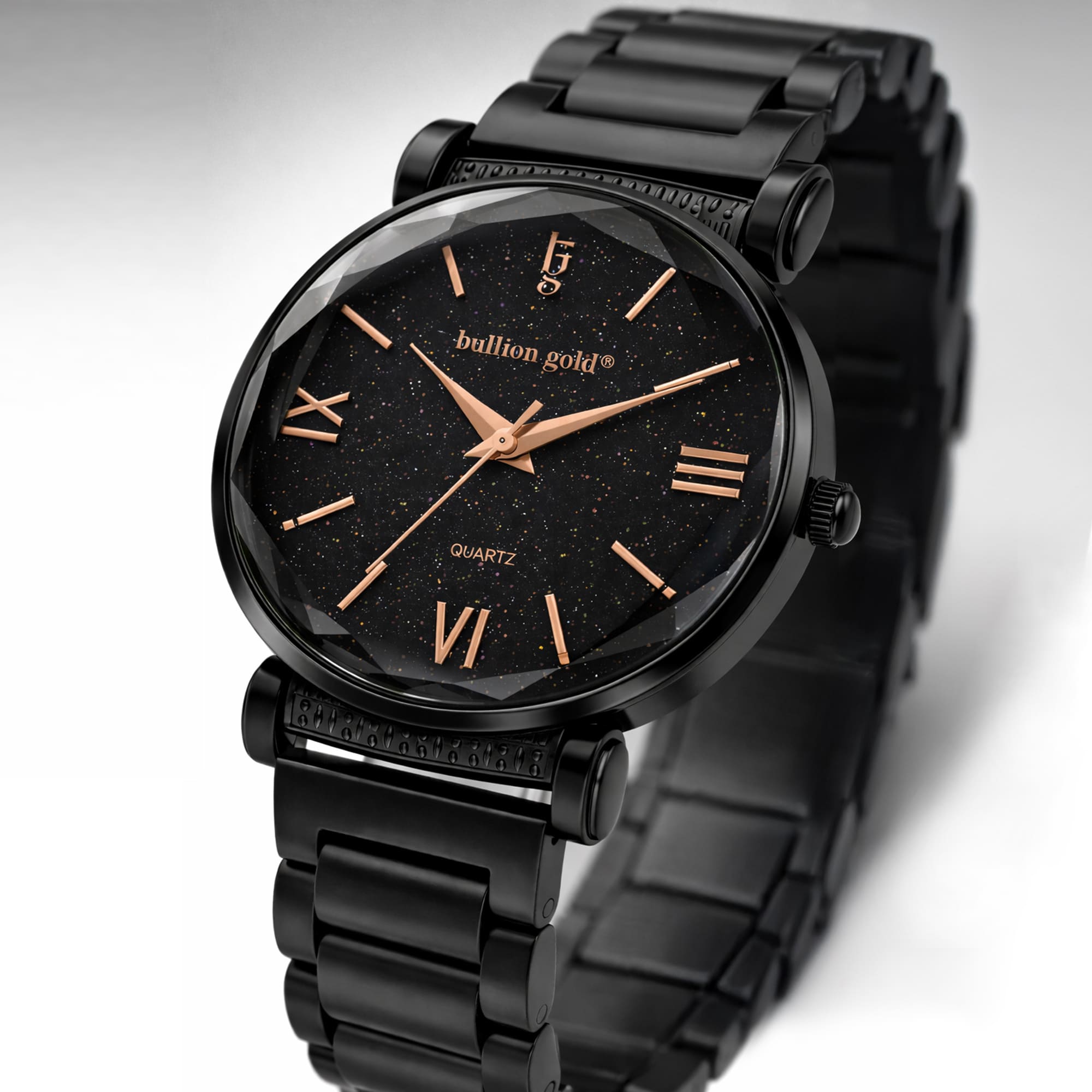 Bullion Gold Romish Watch Embellished with Glittering Crystals - Black and Rose Gold - Image 10