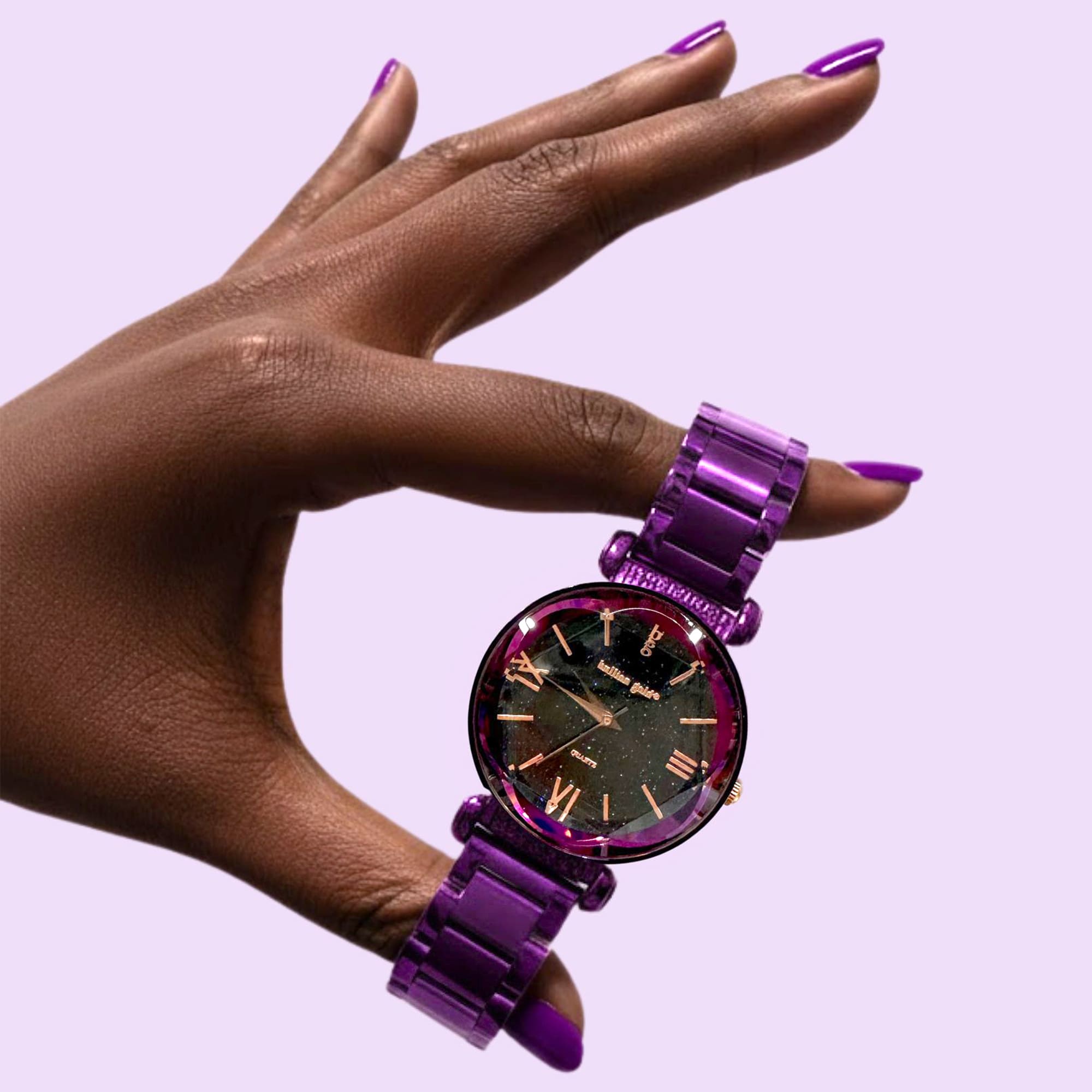 Bullion Gold Romish Watch Embellished with Glittering Crystals - Purple and Black - Image 4