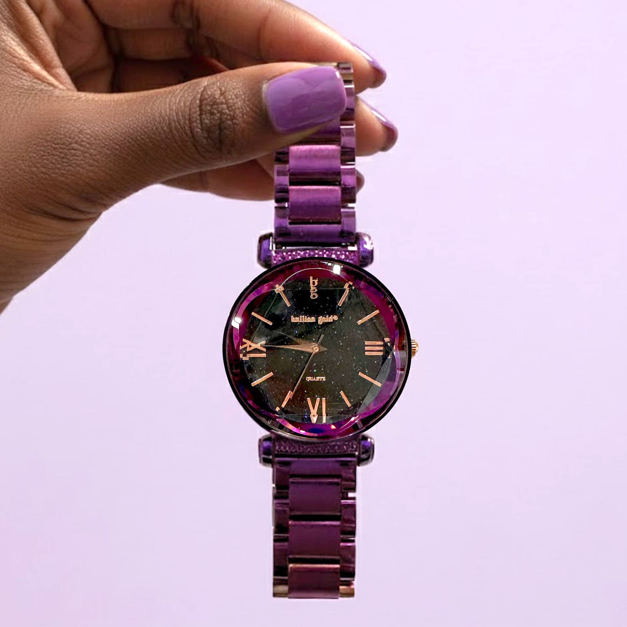 Bullion Gold Romish Watch Embellished with Glittering Crystals - Purple and Black - Image 5