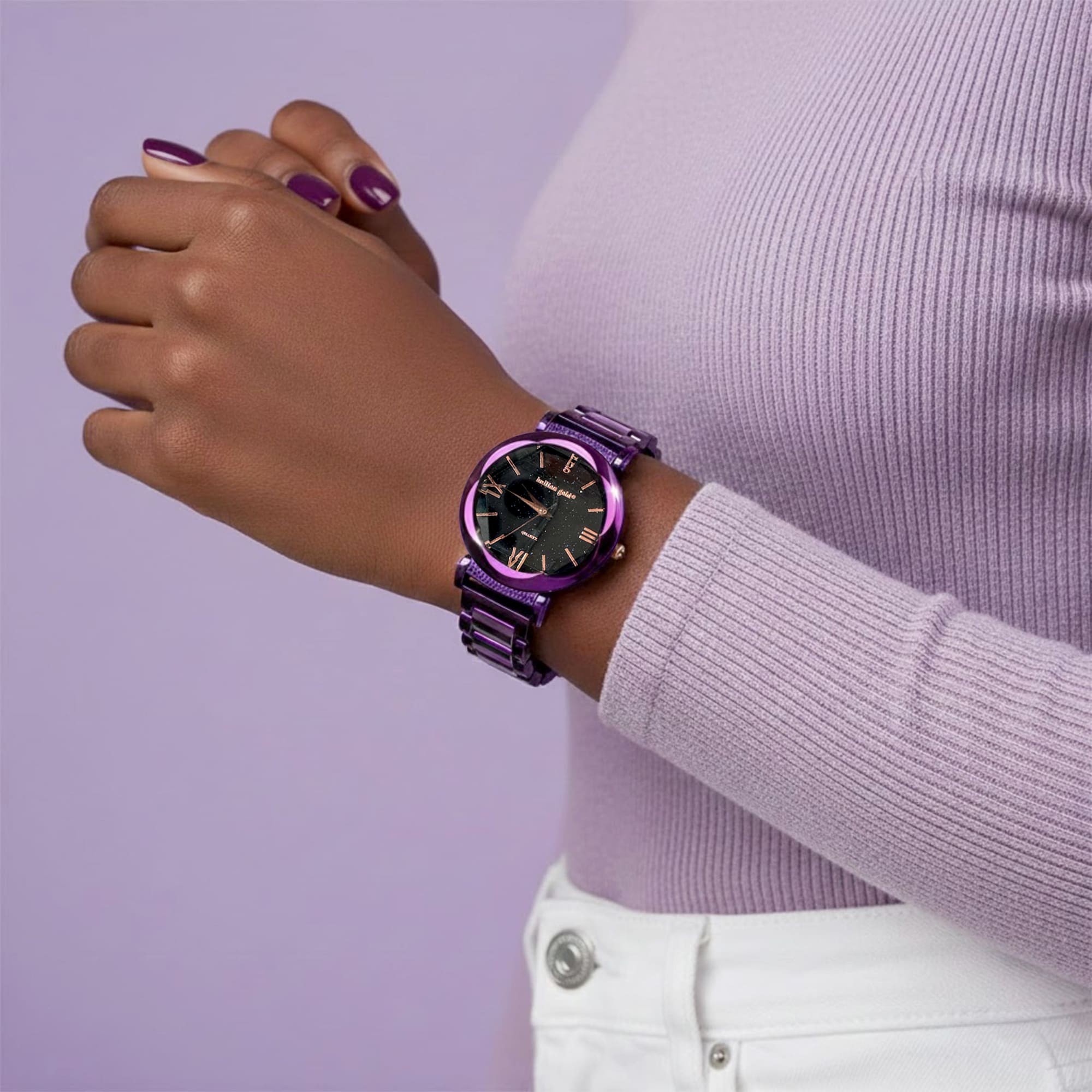 Bullion Gold Romish Watch Embellished with Glittering Crystals - Purple and Black - Image 6