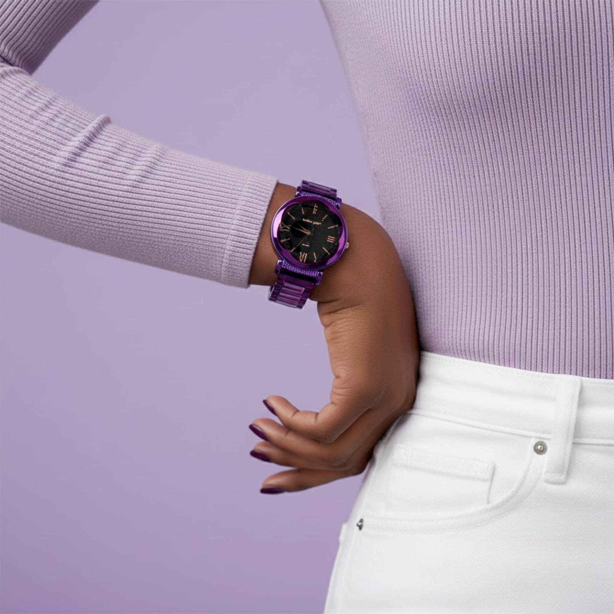 Bullion Gold Romish Watch Embellished with Glittering Crystals - Purple and Black - Image 7