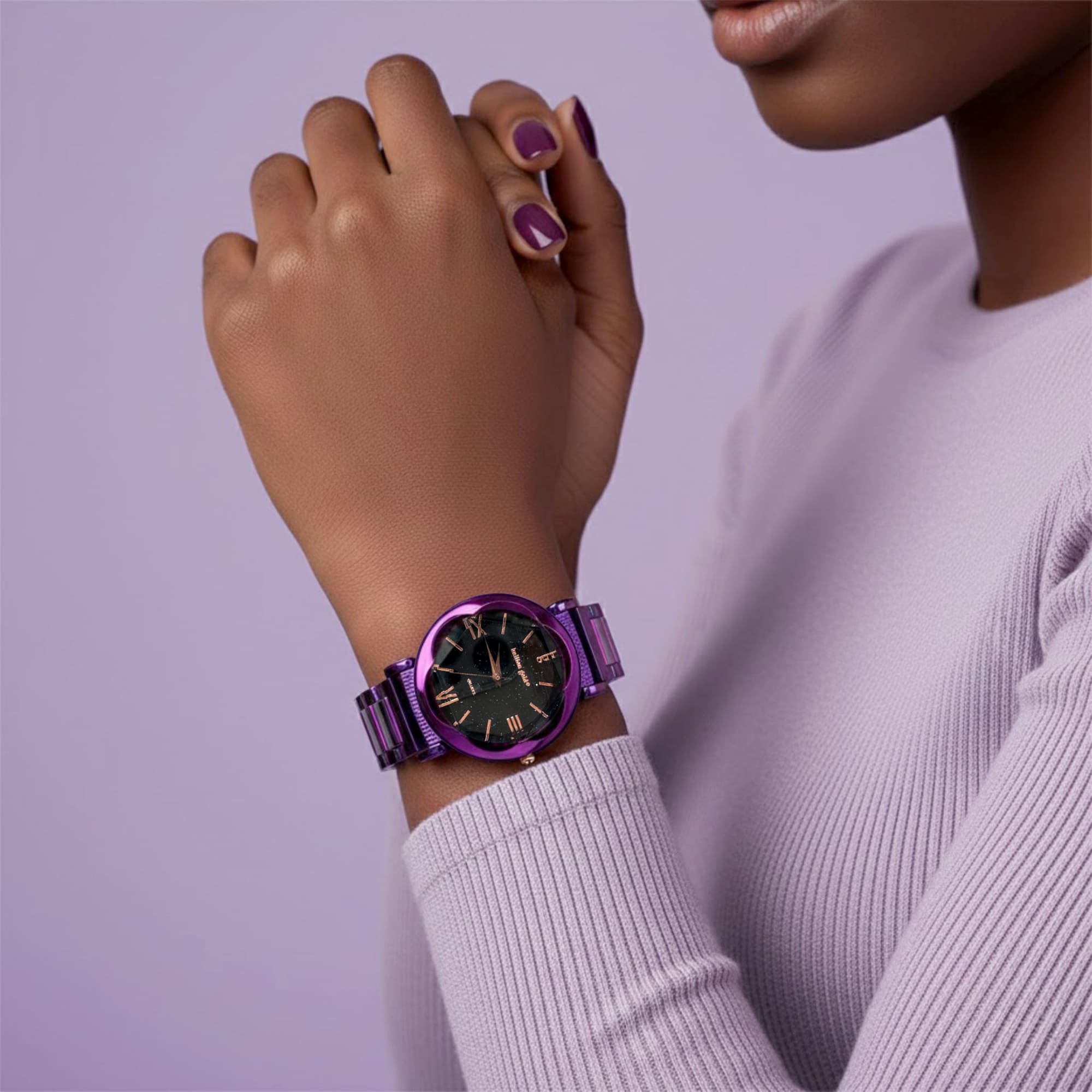 Bullion Gold Romish Watch Embellished with Glittering Crystals - Purple and Black - Image 8