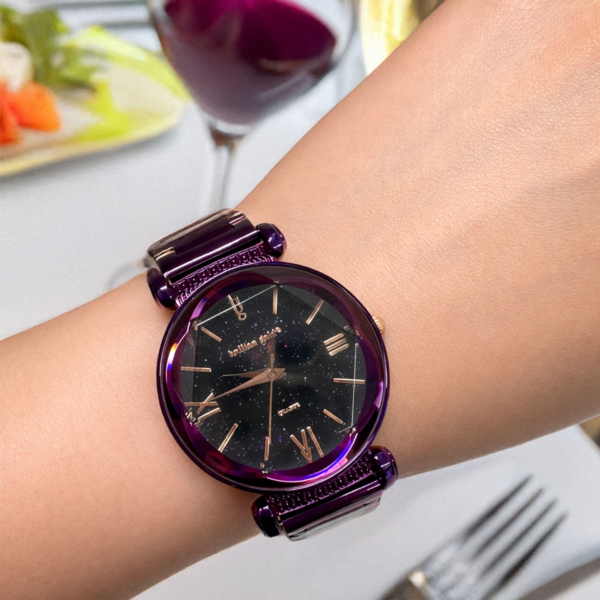 Bullion Gold Romish Watch Embellished with Glittering Crystals - Purple and Black - Image 9