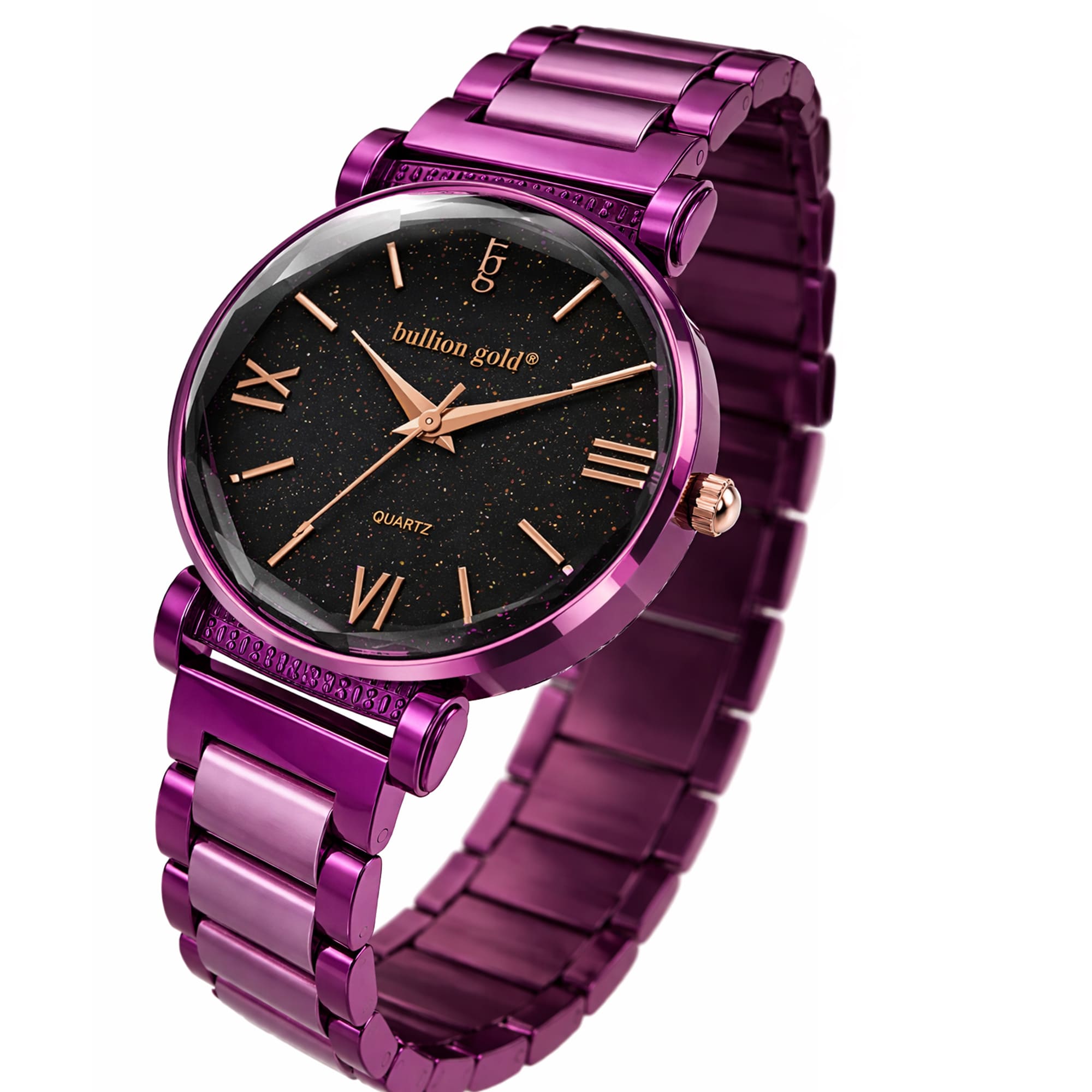 Bullion Gold Romish Watch Embellished with Glittering Crystals - Purple and Black - Image 11
