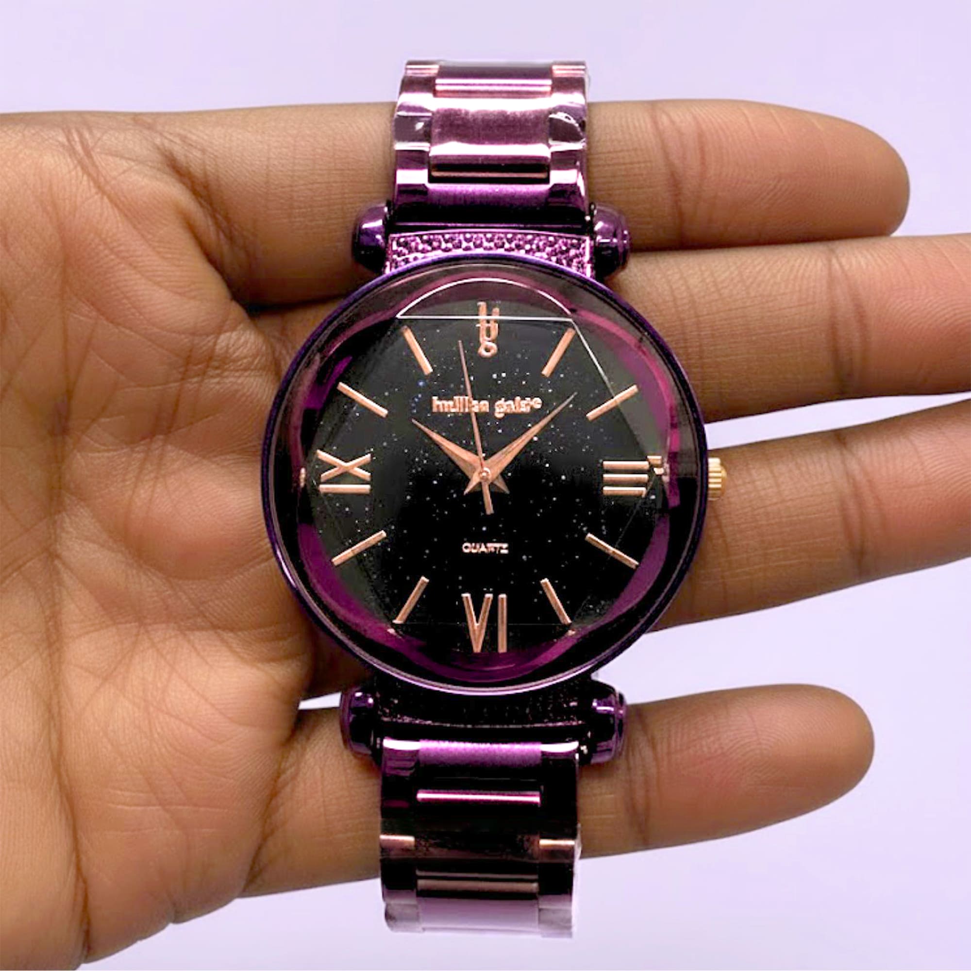 Bullion Gold Romish Watch Embellished with Glittering Crystals - Purple and Black - Image 3