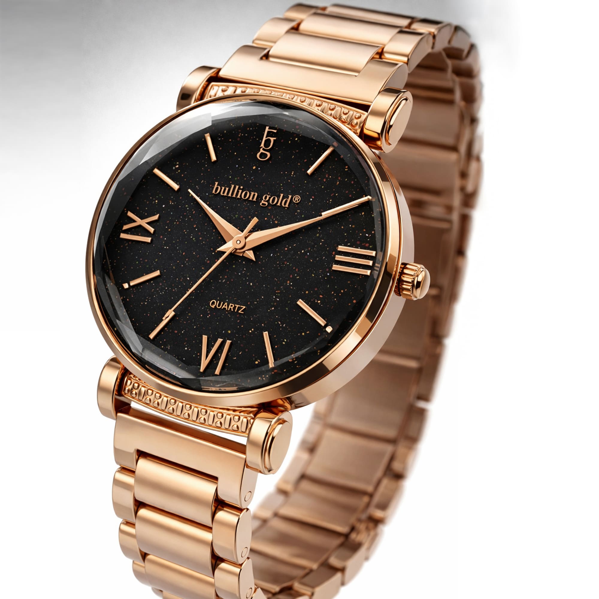 Bullion Gold Romish Watch Embellished with Glittering Crystals - Rose Gold and Black - Image 14