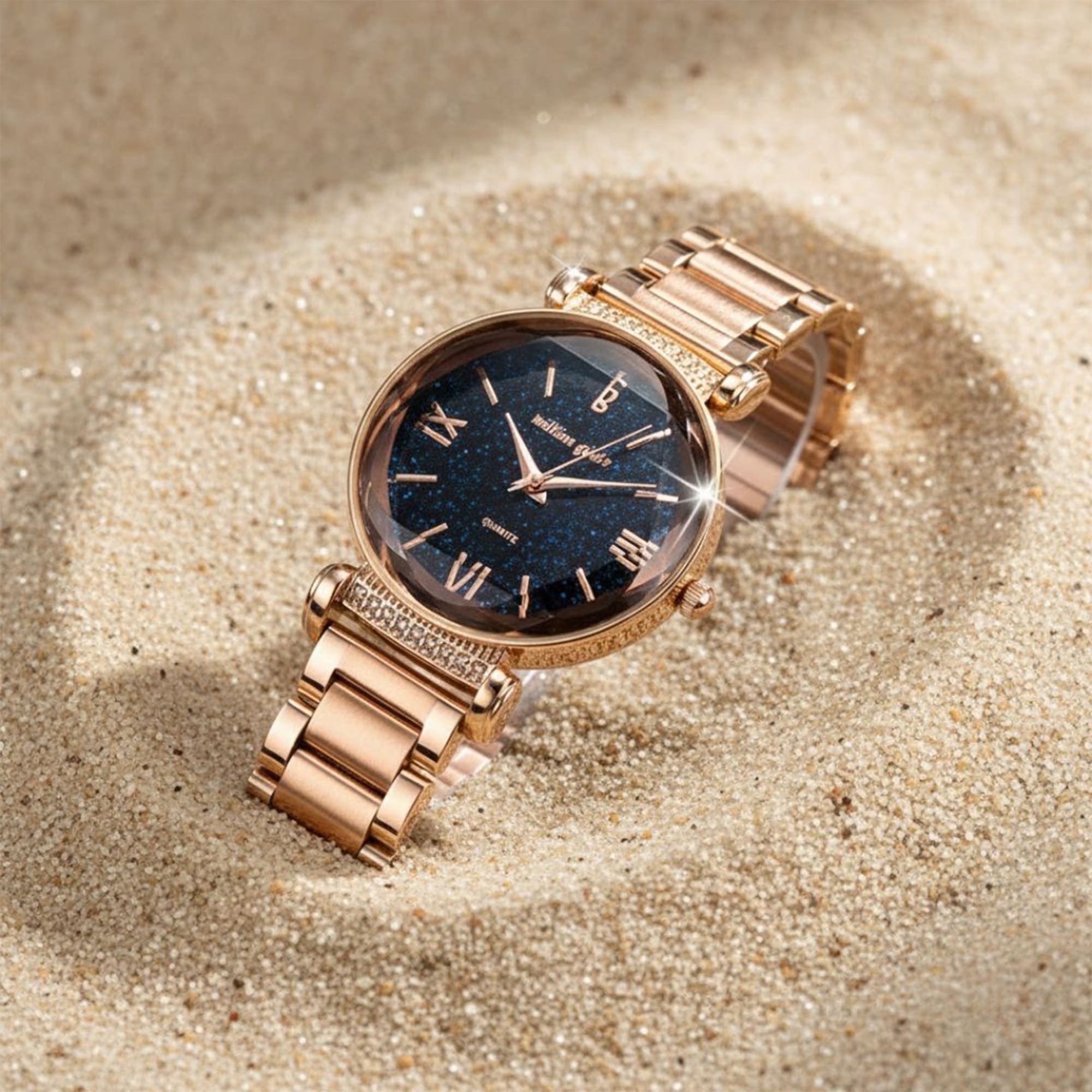 Bullion Gold Romish Watch Embellished with Glittering Crystals - Rose Gold and Black - Image 6