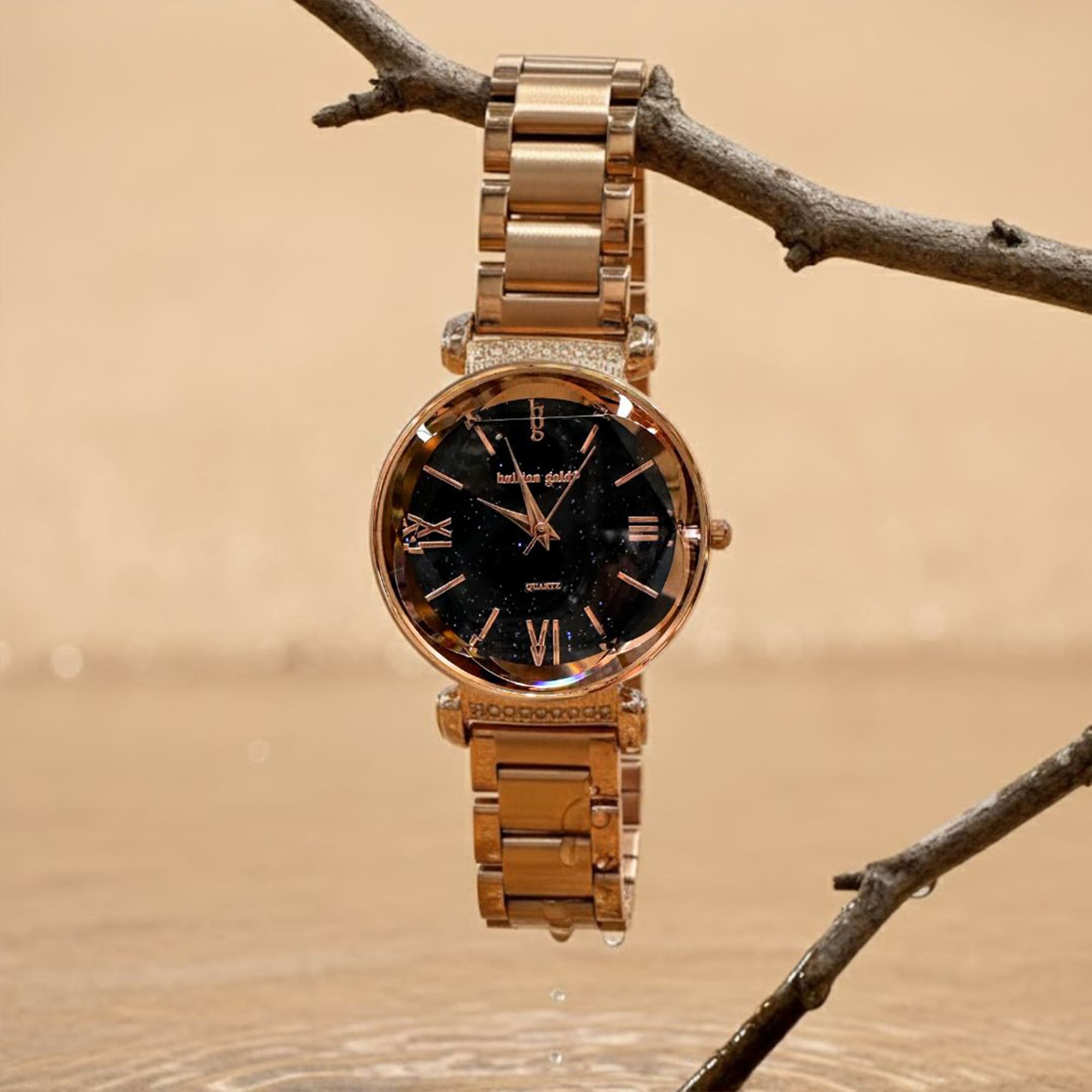 Bullion Gold Romish Watch Embellished with Glittering Crystals - Rose Gold and Black - Image 7