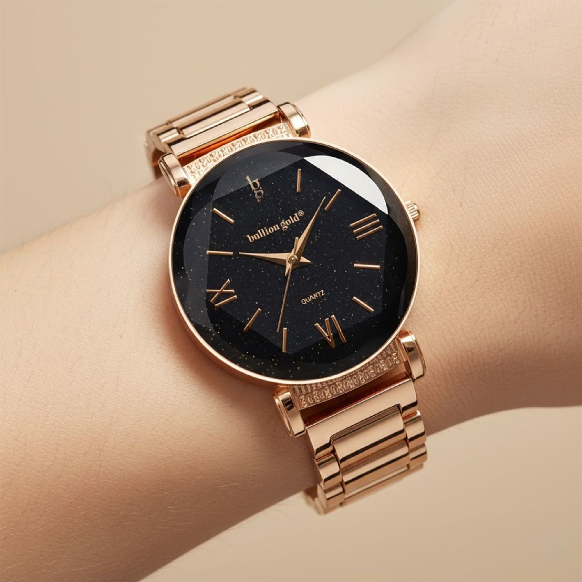 Bullion Gold Romish Watch Embellished with Glittering Crystals - Rose Gold and Black - Image 8