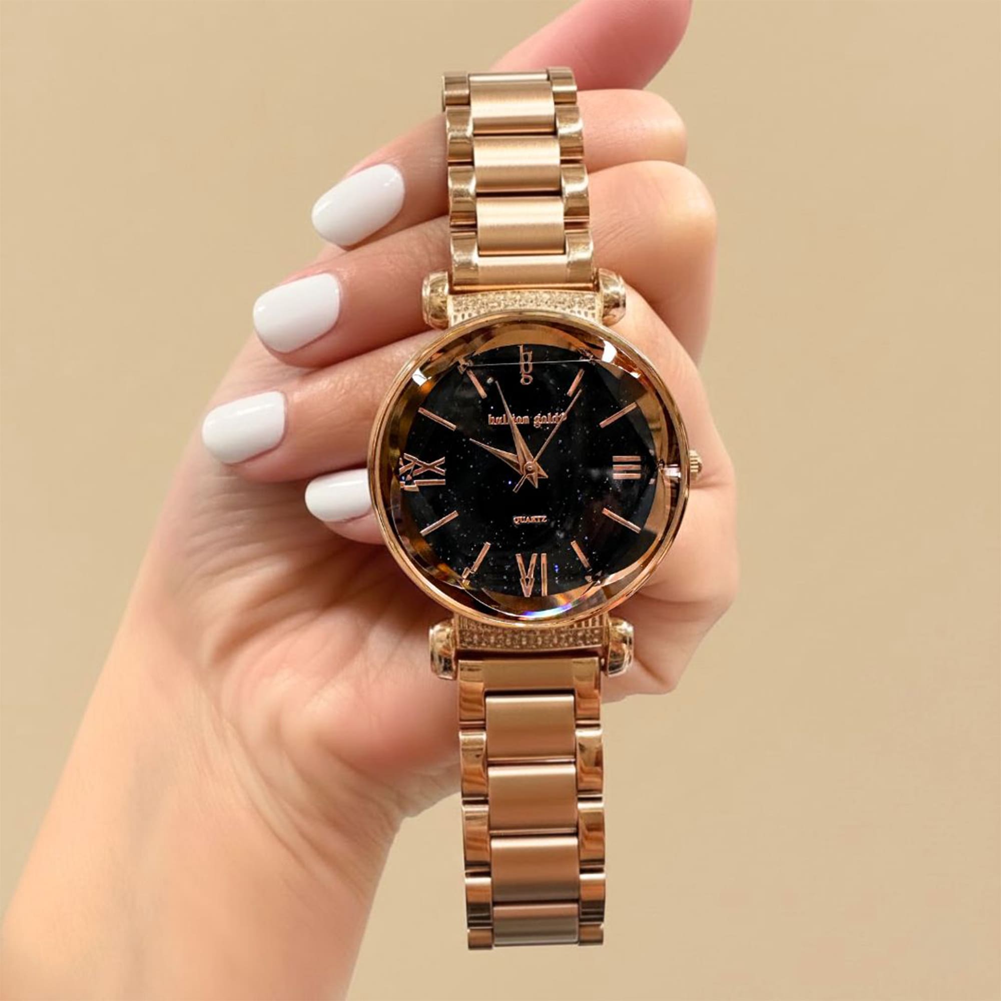 Bullion Gold Romish Watch Embellished with Glittering Crystals - Rose Gold and Black - Image 9