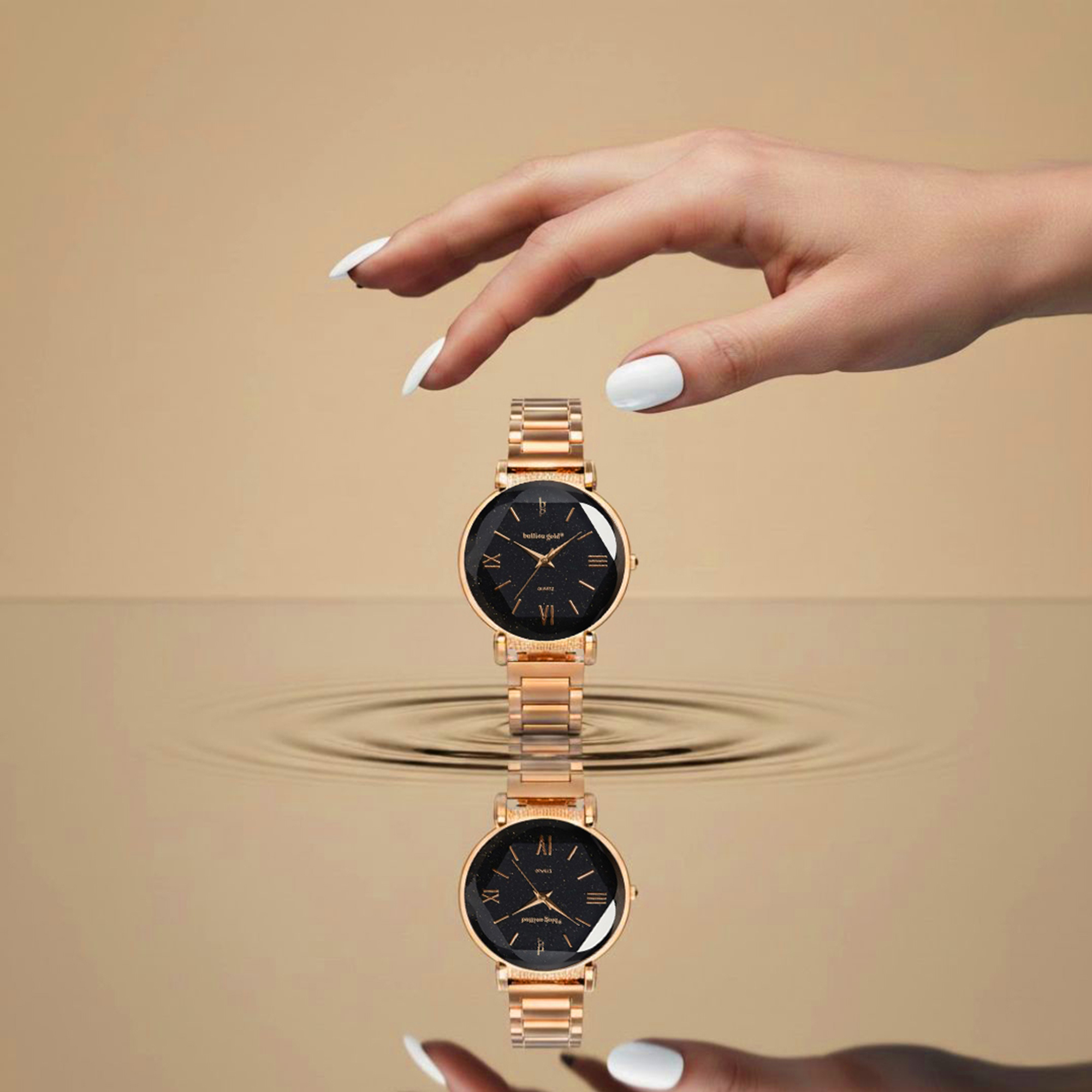 Bullion Gold Romish Watch Embellished with Glittering Crystals - Rose Gold and Black - Image 10
