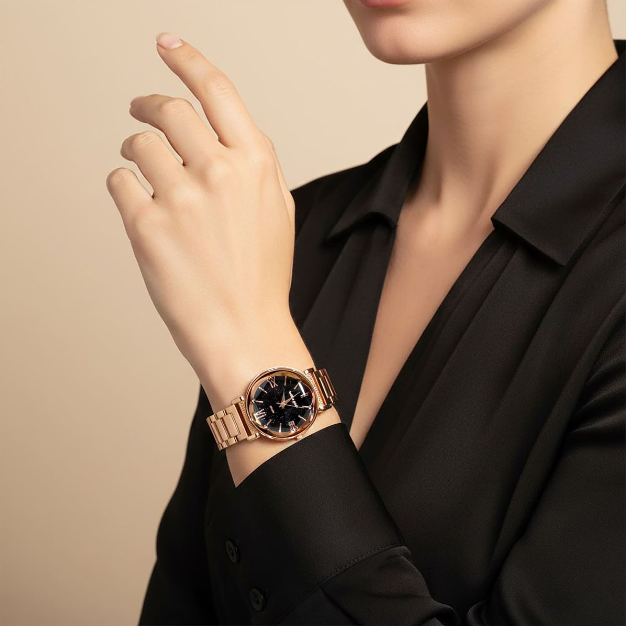 Bullion Gold Romish Watch Embellished with Glittering Crystals - Rose Gold and Black - Image 11
