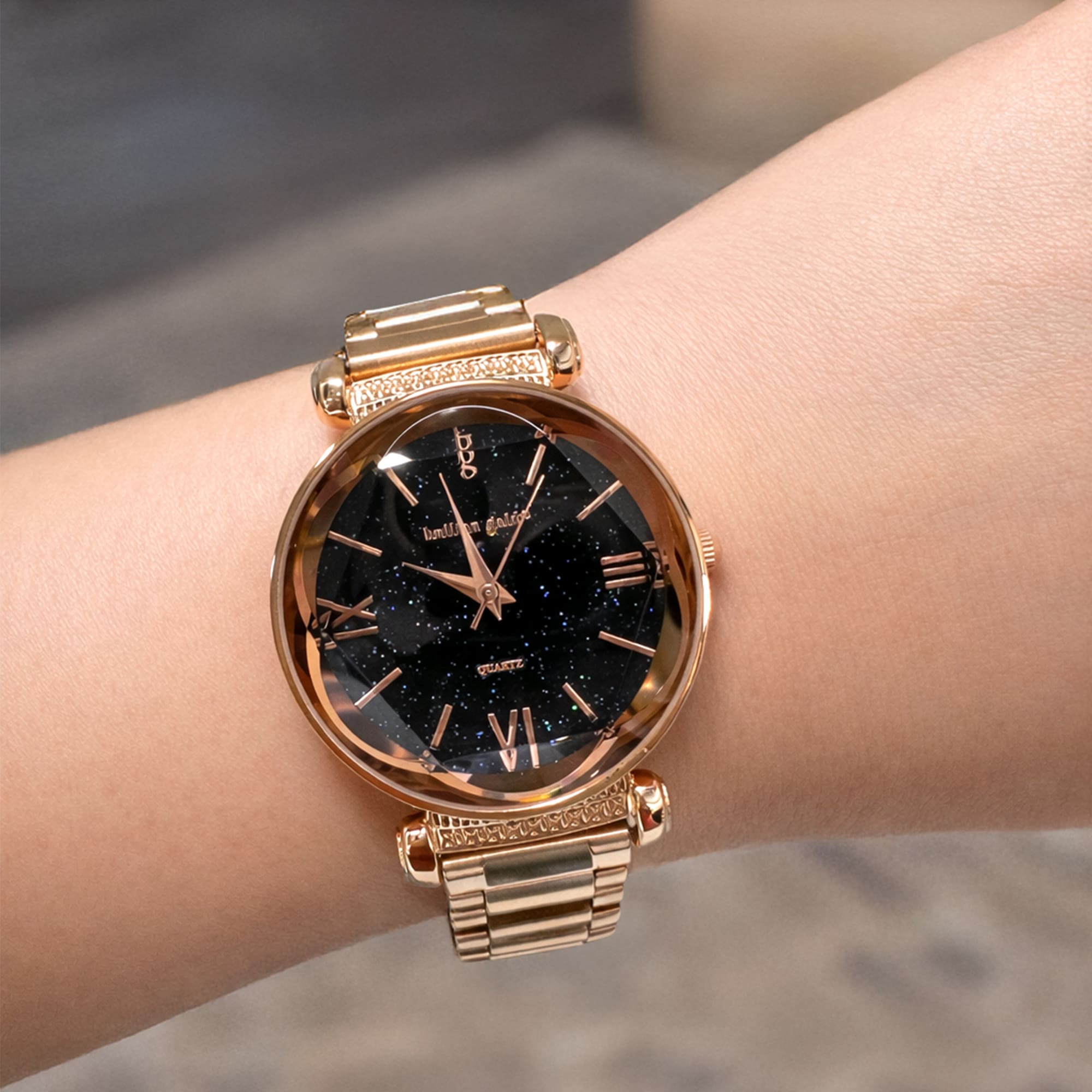 Bullion Gold Romish Watch Embellished with Glittering Crystals - Rose Gold and Black - Image 3