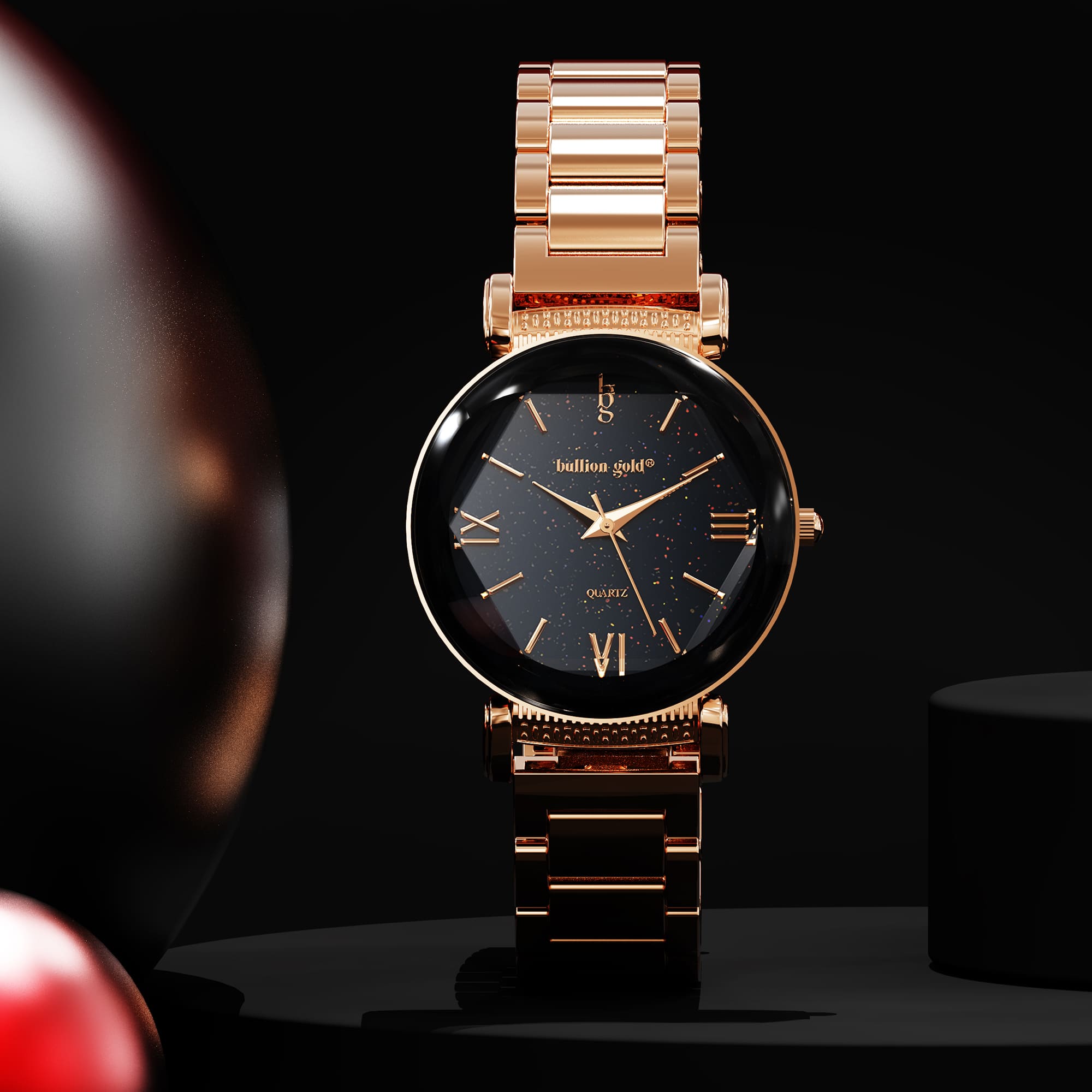 Bullion Gold Romish Watch Embellished with Glittering Crystals - Rose Gold and Black - Image 5