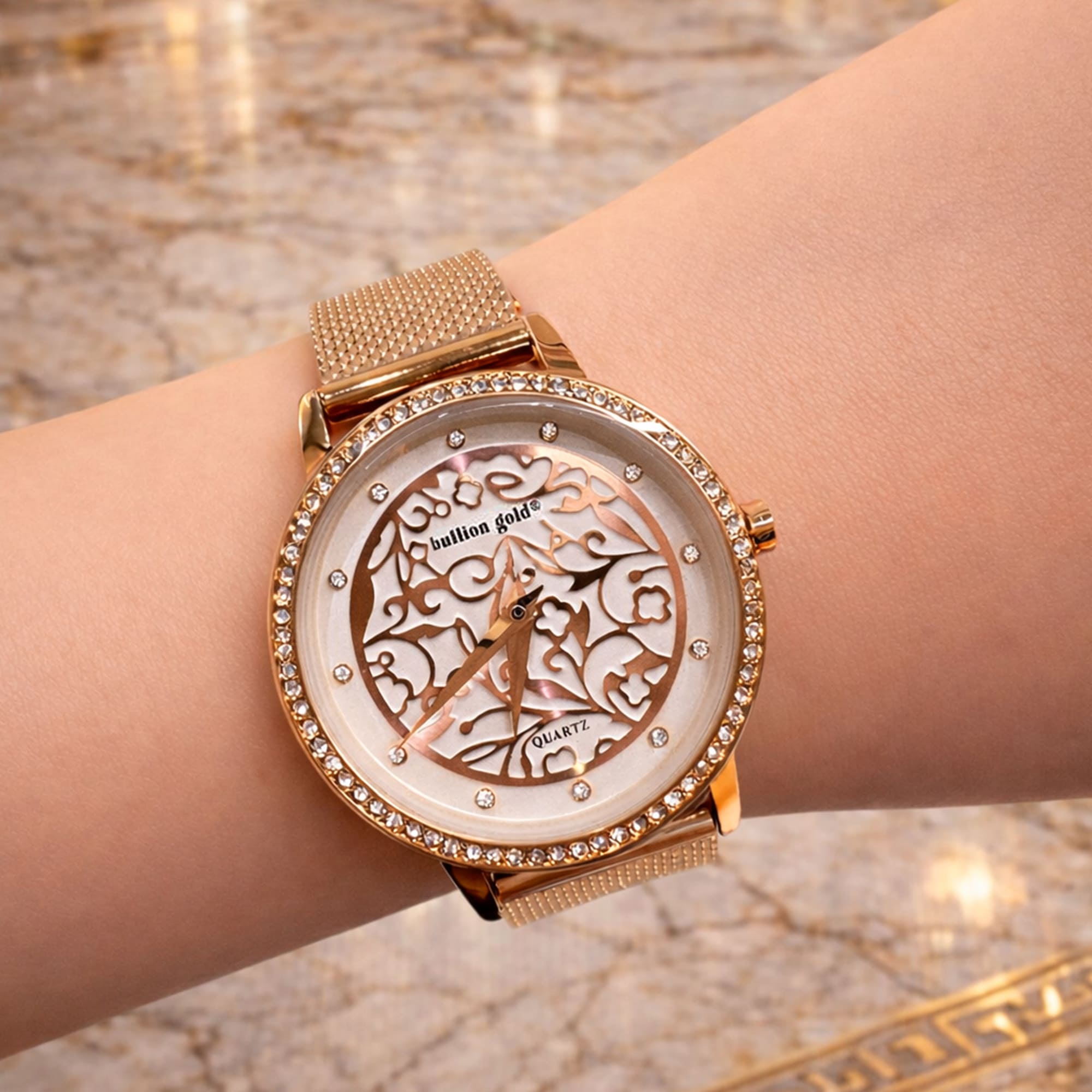 Bullion Gold Elite Watch Embellished with Rhinestone - Rose Gold - Image 4
