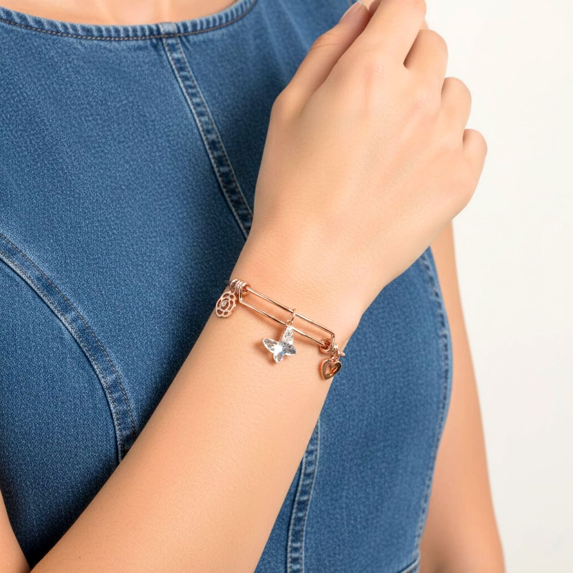 Rose Gold Butterfly Adjustable Bangle Embellished With SWAROVSKI® Crystals - Image 6