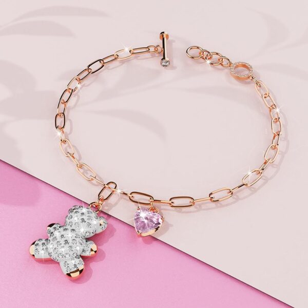 Plush Teddy Heart Charm Bracelet Embellished with SWAROVSKI® Crystals in Rose Gold - Image 3