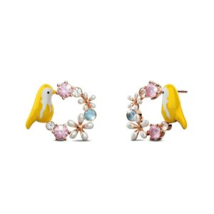 Yellow Bird and Multicolour Floral Austrian Crystal Stud Earrings