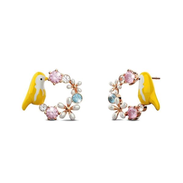 Yellow Bird and Multicolour Floral Austrian Crystal Stud Earrings